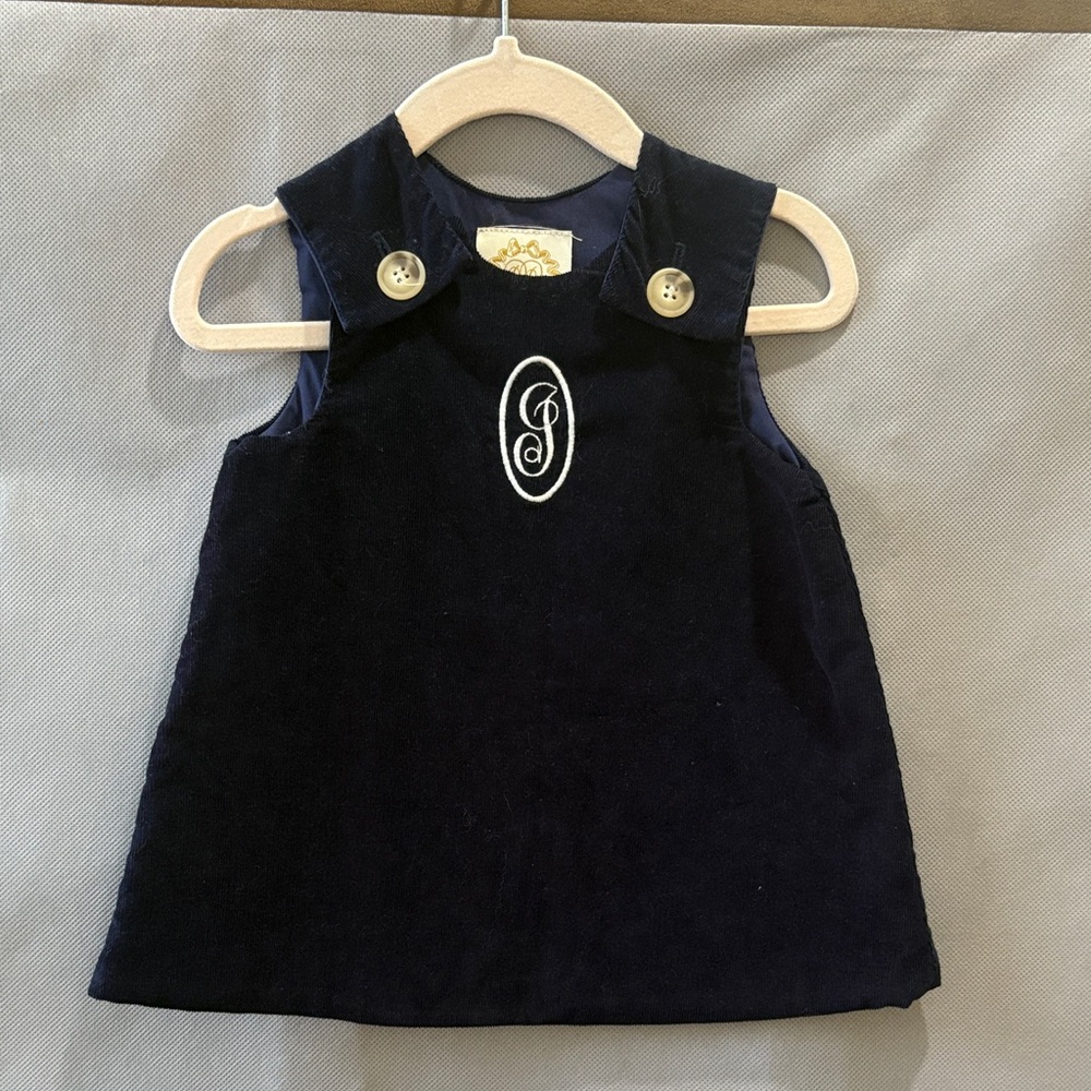 The Beaufort Bonnet Company Navy Velvet Monogram Pinafore “J”